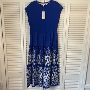 NWT Boden Midi Dress with White Embroidered Floral Tiered Skirt Sz 2 Royal blue